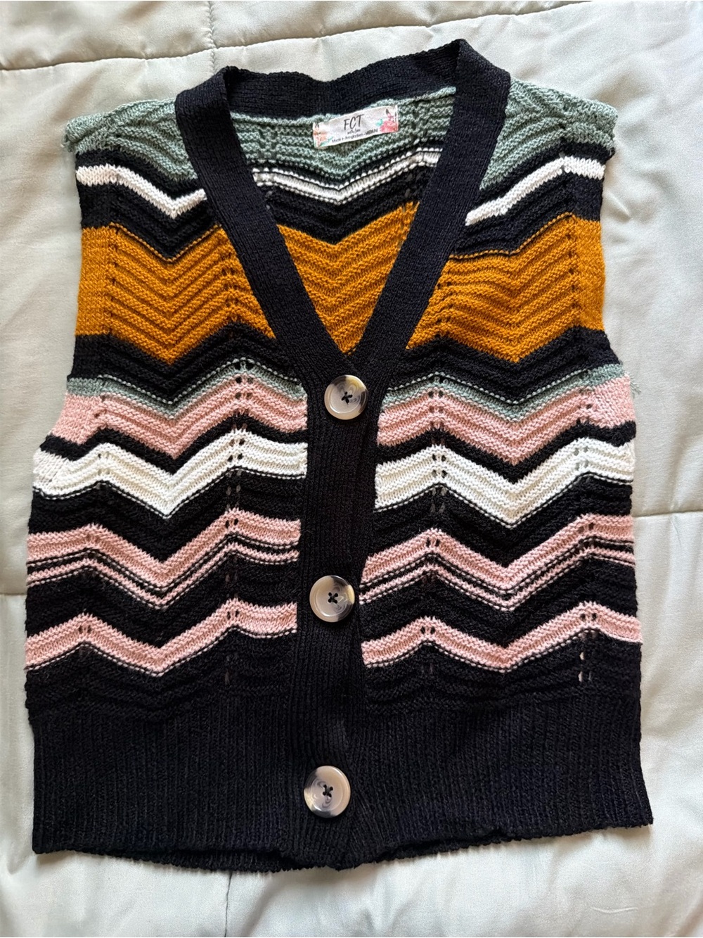 Knit Button Sweater Vest in Black, Pink & Yellow